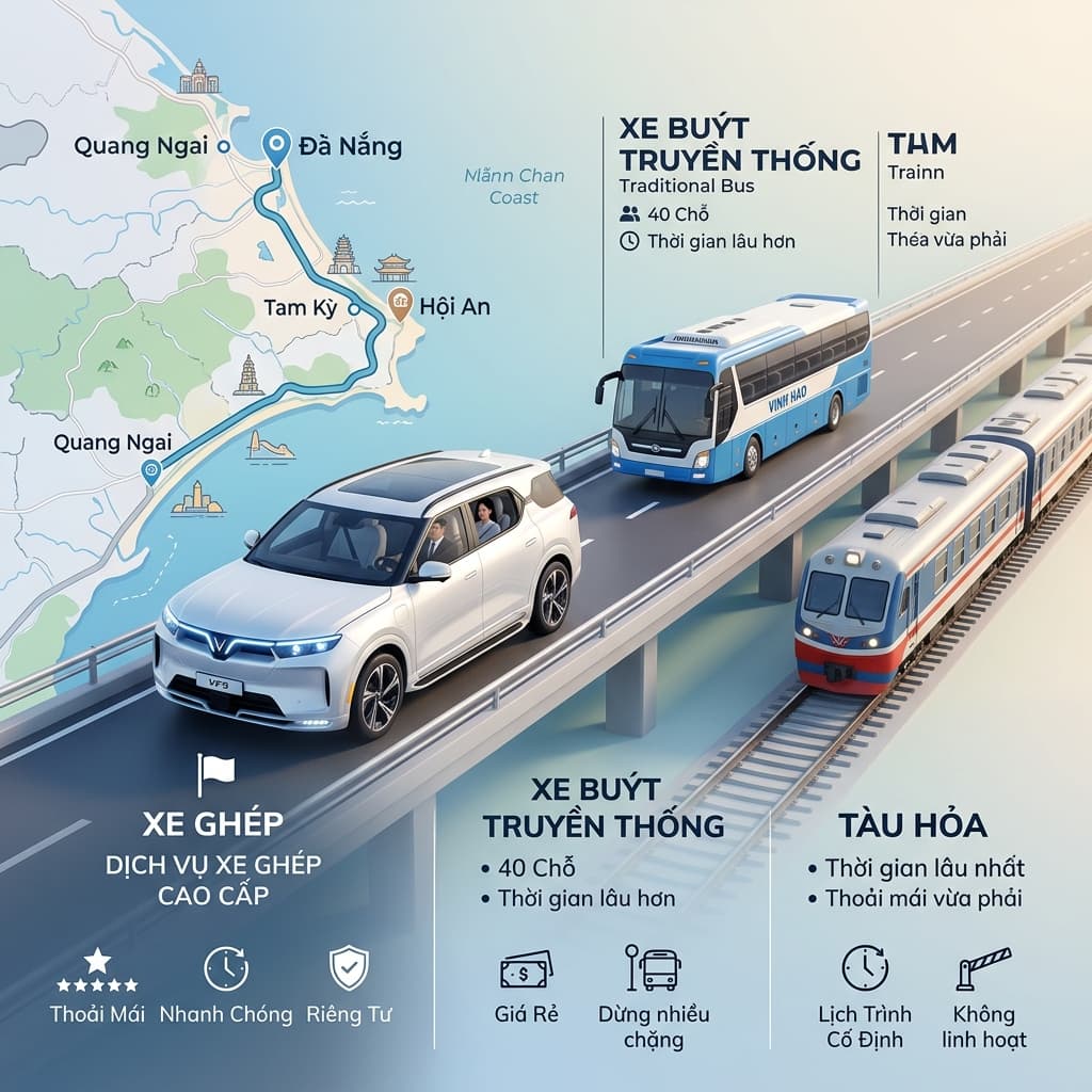 So Sánh Xe Ghép vs Xe Khách vs Tàu Hỏa: Từ Quảng Ngãi Đi Đà Nẵng Nên Chọn Gì?